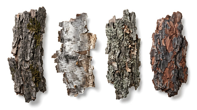 Four isolated natural forest tree bark, lichen and moss fragments on white background, rustic aged organic wood bark pieces with dry foliage textures