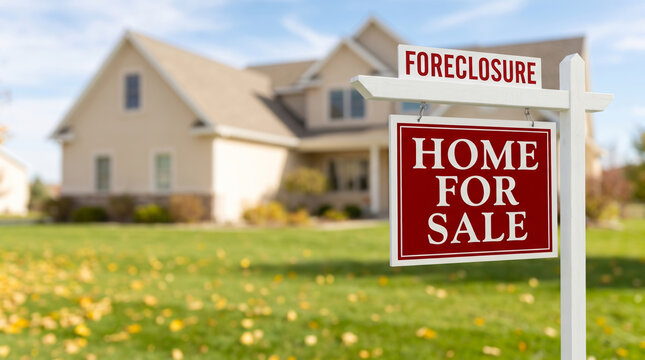 Housing yard front sale sign showing foreclosure notice before suburban home. Real estate property residential home estate dwelling. agent broker, ownership sale selling
