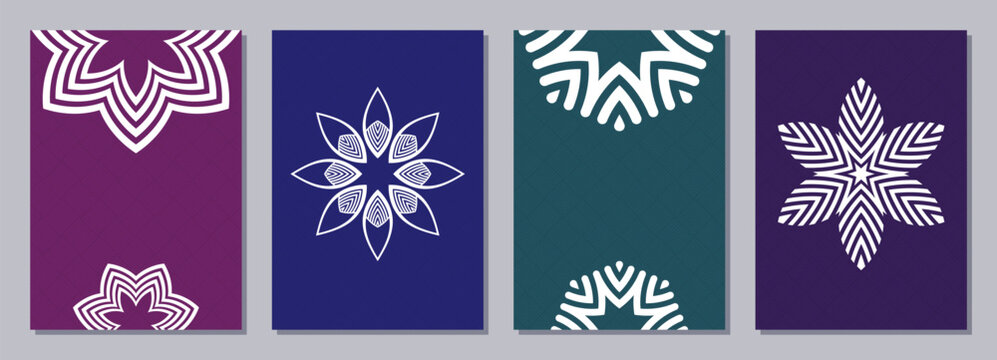 Set of four color cards or flyers with white simple ethnic mandala ornament. Abstract mandala flyer design. Decorative pattern with ornate texture, tribal ethnic oriental motif. Vector layout design.