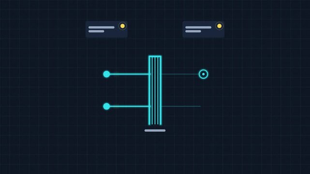 Seamless 4K looping concept animation: firewall blocking unwanted network traffic. Glowing flat vector line icons in blue and azure on a dark grid background, with blank status cards instead of real t
