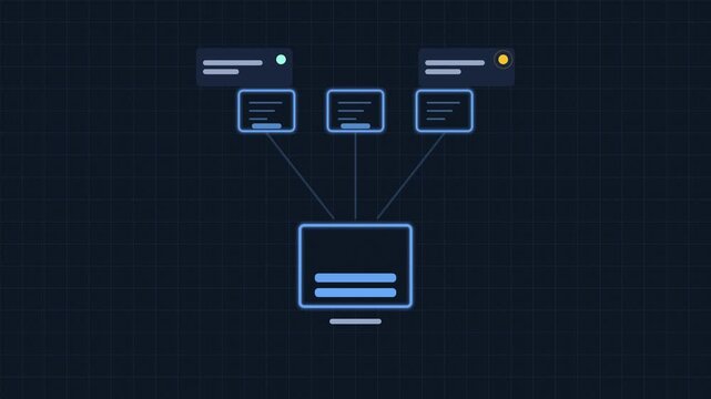 Seamless 4K looping concept animation: log aggregation collecting entries centrally. Glowing flat vector line icons in blue and azure on a dark grid background, with blank status cards instead of real