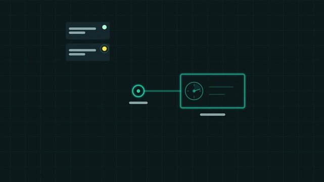 Animated token refresh renewing access session drawn as a minimal neon line illustration in teal and cyan on a dark background. Smooth 4K seamless loop with placeholder label bars and copy space for y
