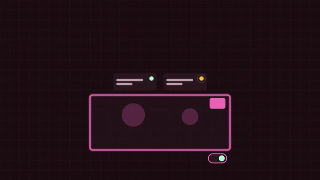 Seamless 4K looping concept animation: subtitles turning on the screen. Glowing flat vector line icons in red and magenta on a dark grid background, with blank status cards instead of real text so you