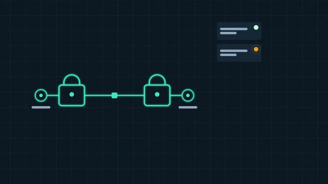 Animated end to end encryption locking drawn as a minimal neon line illustration in blue and azure on a dark background. Smooth 4K seamless loop with placeholder label bars and copy space for your own