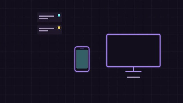 Seamless 4K looping concept animation: casting phone screen to tv. Glowing flat vector line icons in purple and violet on a dark grid background, with blank status cards instead of real text so you ca