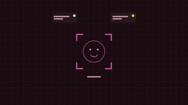 Seamless 4K looping concept animation: face unlock recognizing the user. Glowing flat vector line icons in red and magenta on a dark grid background, with blank status cards instead of real text so yo