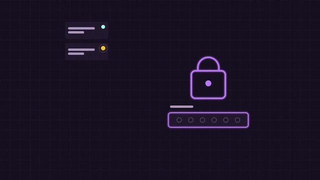 Seamless 4K looping concept animation: password unlocking the user account. Glowing flat vector line icons in purple and violet on a dark grid background, with blank status cards instead of real text 