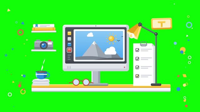 Graphic Design Vector Workspace Animation on Green Screen Background