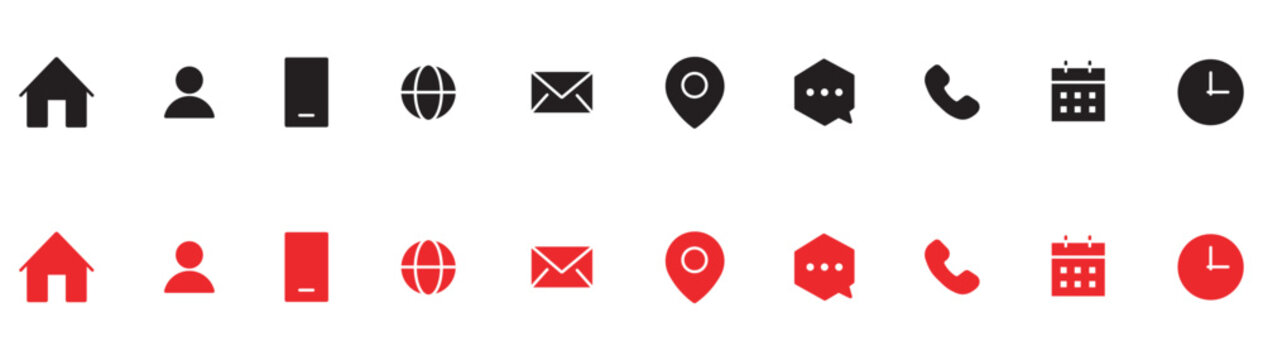 Minimalist contact icon set for web and mobile design, black and red vector UI elements, clean communication business symbols