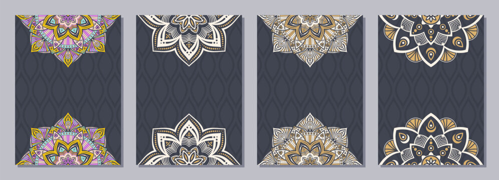 Set of four color cards or flyers with ethnic mandala ornament. Abstract mandala design. Decorative colorful pattern with ornate texture, tribal ethnic oriental motif. Vector layout design.
