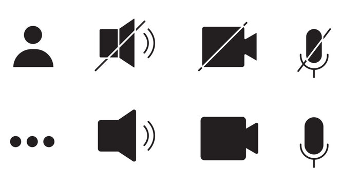 Minimalist video call icon set, black user interface UI symbols for conference calls, digital communication web vector graphics