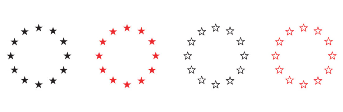 Minimalist Star Circle Icons Set, European Union Flag Style Stars in Circle, Black and Red Vector Symbols