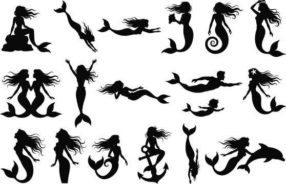 Vector collection of black mermaid silhouettes in various swimming and sitting poses for fantasy ocean designs