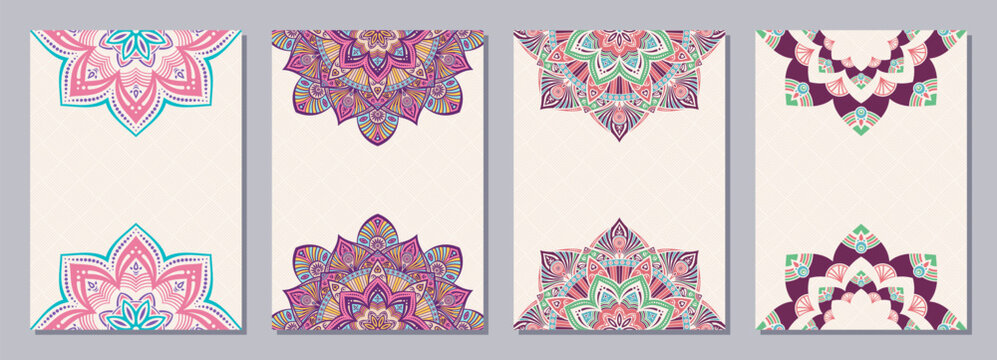 Set of four colorful cards or flyers with ethnic mandala background ornament. Mandala flyer design. Decorative color pattern with ornate texture, tribal ethnic oriental motif. Vector layout design.
