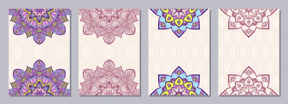 Set of four color cards or flyers with ethnic mandala ornament. Abstract mandala design. Decorative colorful pattern with ornate texture, tribal ethnic oriental motif. Vector layout design.