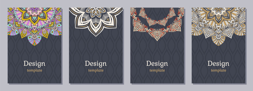 Set of four color cards or flyers with ethnic mandala ornament. Abstract mandala design. Decorative colorful pattern with ornate texture, tribal ethnic oriental motif. Vector layout design.