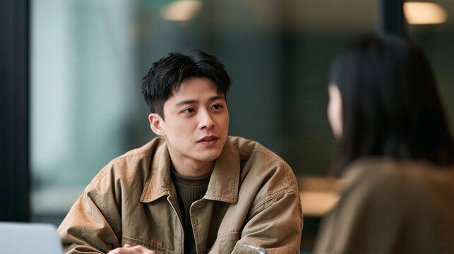 A young Asian man completing his probation period review with an HR advisor, medium shot at a desk, calm expressions, glass office blurred, realistic candid photo