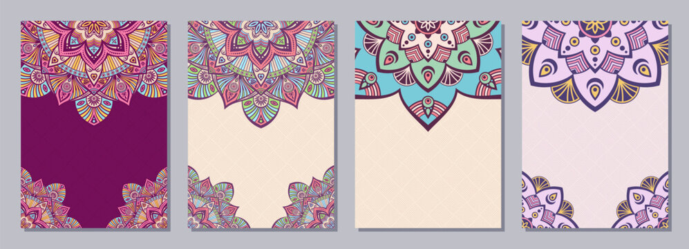 Set of four color cards or flyers with ethnic mandala ornament. Abstract mandala design. Decorative colorful pattern with ornate texture, tribal ethnic oriental motif. Vector layout design.