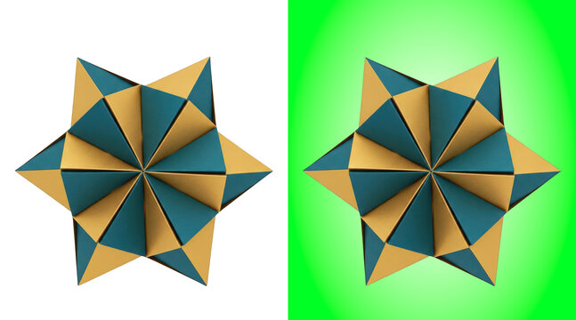 A geometric star shape made of folded paper with blue and gold sides on white background