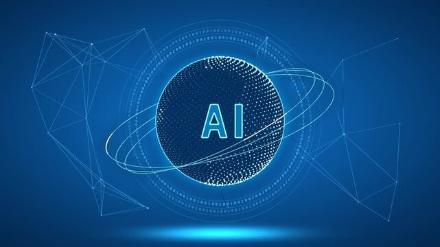 Abstract blue technology background with AI logo inside a digital particle sphere surrounded by rotating binary data rings and geometric connectivity lines