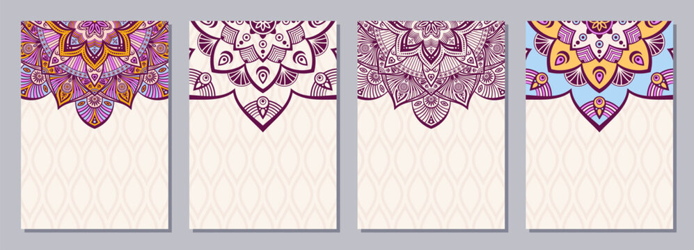 Set of four color cards or flyers with ethnic mandala ornament. Abstract mandala design. Decorative colorful pattern with ornate texture, tribal ethnic oriental motif. Vector layout design.