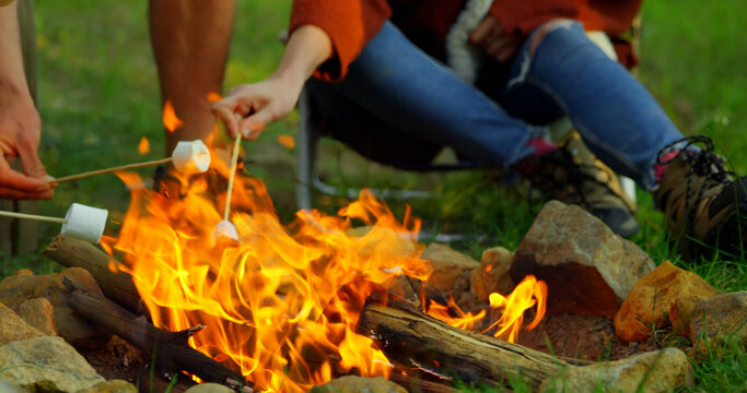 Friends roasting marshmallow on campfire