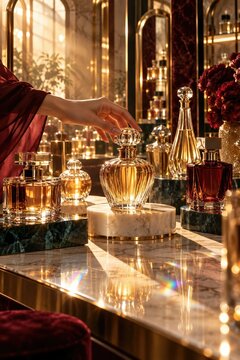 Hand reaches for an ornate glass perfume bottle among amber and burgundy fragrance flacons on a reflective marble counter, framed by mirrors, deep red flowers, and bright warm golden window light