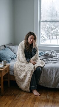 Young woman sitting on bed, looking tired and contemplative indoors  