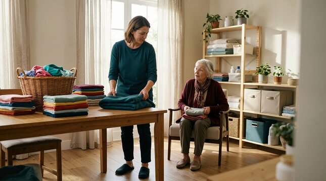 Caregiver helping senior woman folding laundry at home. Family support concept for elderly care
