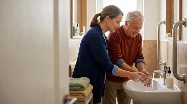 Caregiver assisting senior man with washing hands in a bathroom. Hygiene support for elderly