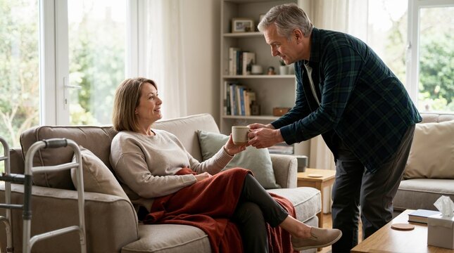Man bringing a cup of tea to a senior woman resting on a sofa. Home care and support