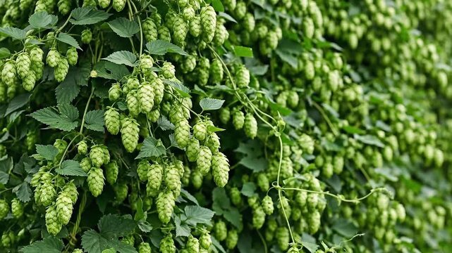 Close up of ripe green hops hanging from vines in a field, lush vegetation and climbing plants. Agriculture, brewing industry, organic farming.
