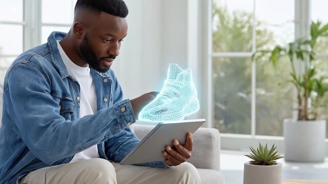 Man interacting with holographic sneaker projection on digital tablet in bright living room. Augmented reality technology, virtual shopping, future innovation.