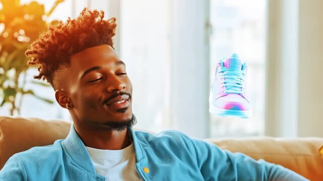 Young man relaxing on sofa while looking at floating colorful sneaker, modern living room with plants and sunlight. E-commerce, augmented reality, virtual shopping.
