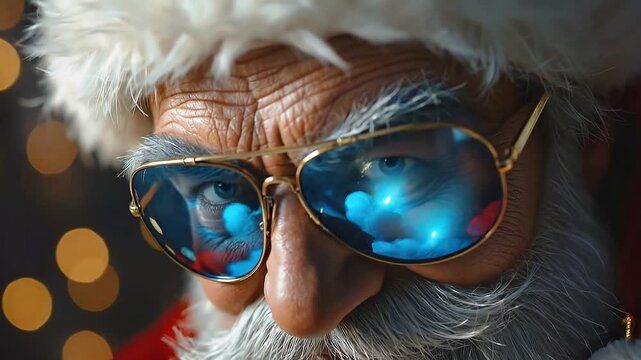 Close up of modern Santa Claus wearing blue aviator sunglasses with reflection of clouds, looking at camera and smiling. Christmas celebration, festive holiday mood.