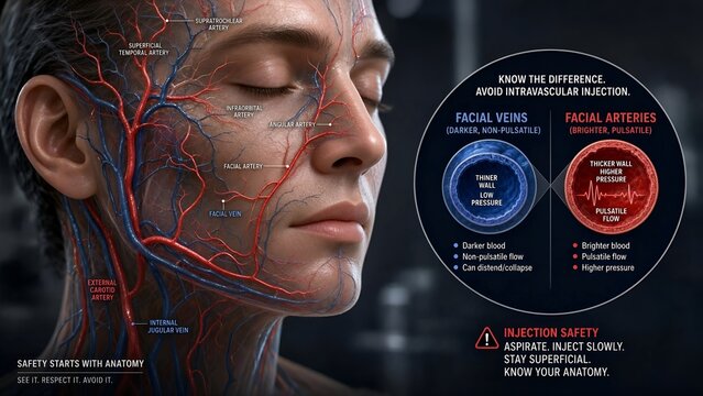 Scientific graphic of facial arterial and venous vascular anatomy with zoomed inset comparing pulsatile arteries and non pulsatile veins for safe injection cosmetic procedures