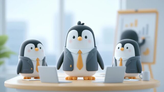 Animated 3d cartoon penguins dressed in suits standing behind an office desk with laptops, nodding and discussing corporate business strategy during a meeting