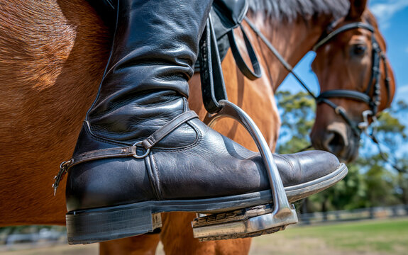 Detail of equestrian rider leg in black leather boot with metal spur and stirrup on horse