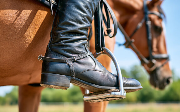 Detail of equestrian rider leg in black leather boot with metal spur and stirrup on horse