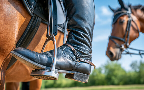 Detail of equestrian rider leg in black leather boot with metal spur and stirrup on horse
