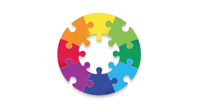 Colorful circular puzzle ring with eight interlocking jigsaw pieces arranged in a rainbow gradient isolated on a clean white background