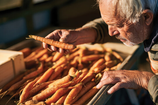 An elderly man inspects a freshly harvested carrot among a pile of homegrown vegetables, showcasing the authenticity and care in farm-to-table practices.