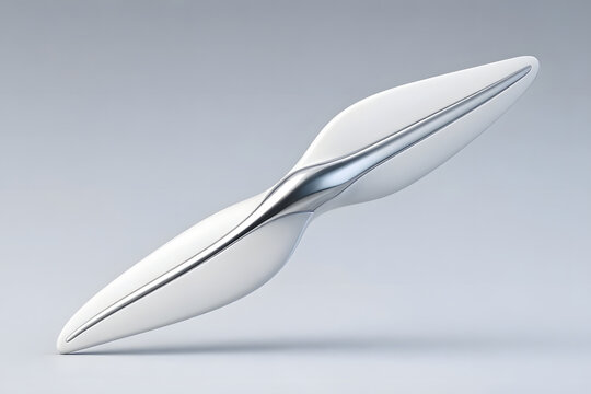 Isolated 3D render of an abstract biomorphic aerodynamic sculpture in white ceramic and chrome on a clean light background