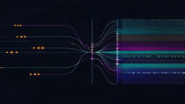 Neural data transfer network visualizing digital connections and binary code flow