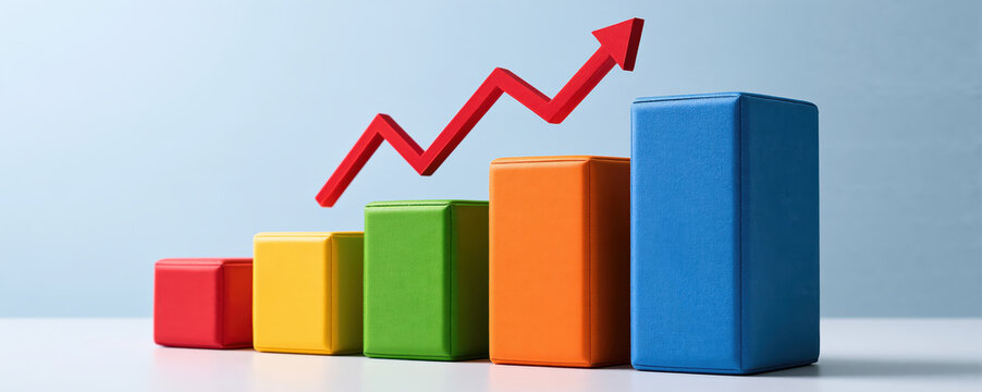 Colorful bar chart growth graph rising arrow blue block orange block green block yellow block red block financial data steady business growth
