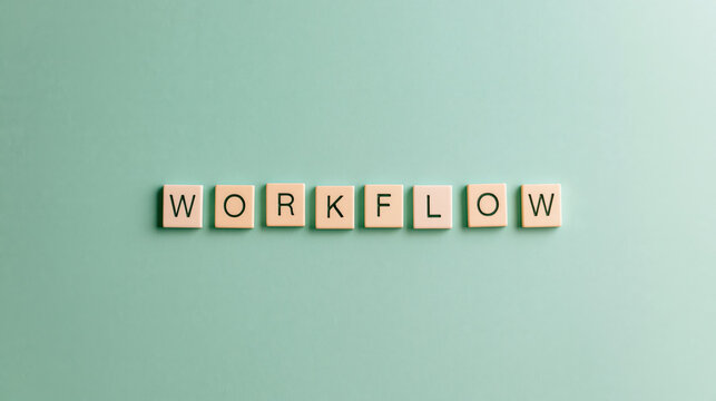 Wooden letter tile spelling workflow mint green background, illustrating organization and productivity with clean, minimal style and soft shadows
