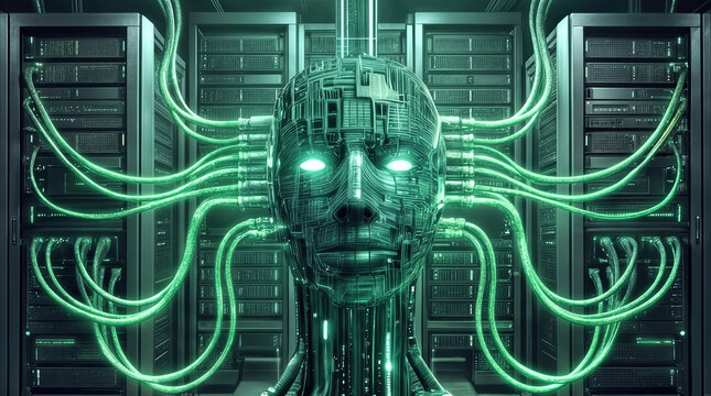 Server room hosting giant cybernetic artificial intelligence face connected by illuminated green data cables. Concept of supercomputer neural network.