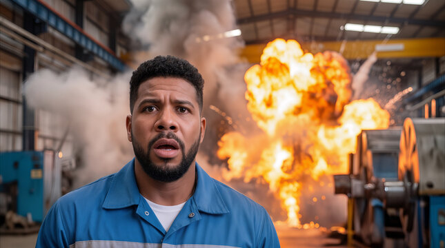 Worker looking shocked as fiery explosion erupts behind him inside manufacturing plant, concept of workplace accident and industrial hazard.