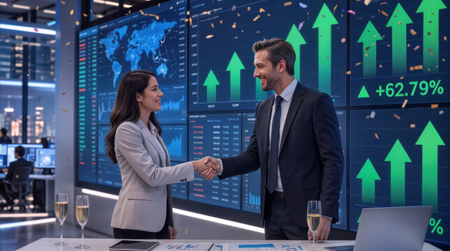 Partners shaking hands celebrating financial success in trading control room with rising stock market graphs.