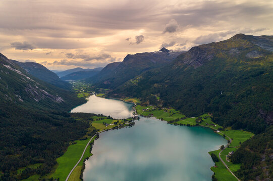 Aerial view of oppstrynsvatnet lake and fjord